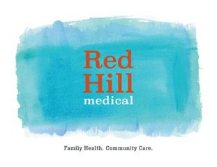 A blue and white background with red hill medical logo