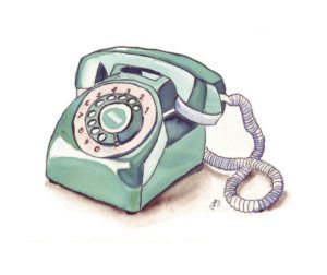 A green telephone with the cord hanging out of it.