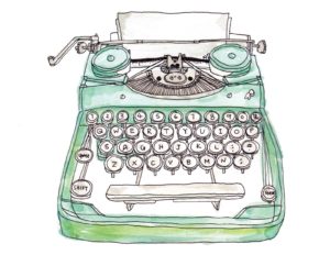 A green typewriter with the keys turned on.