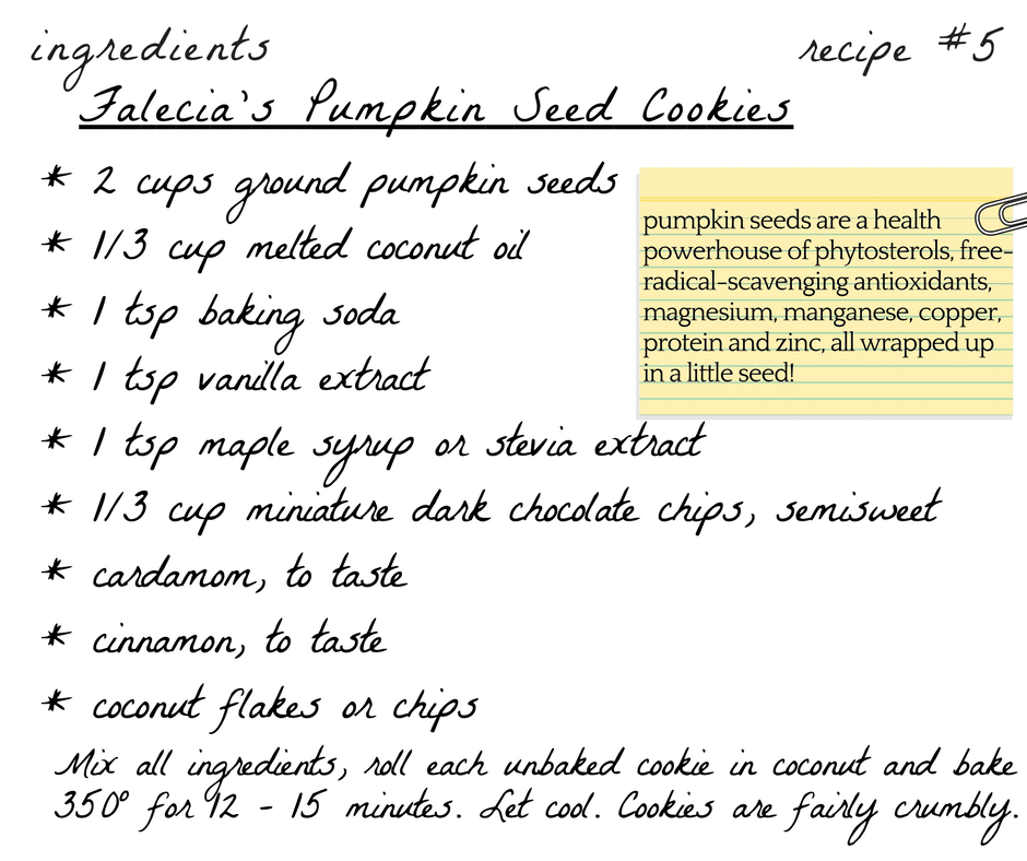 A recipe card with some ingredients for pumpkin seed cookies.