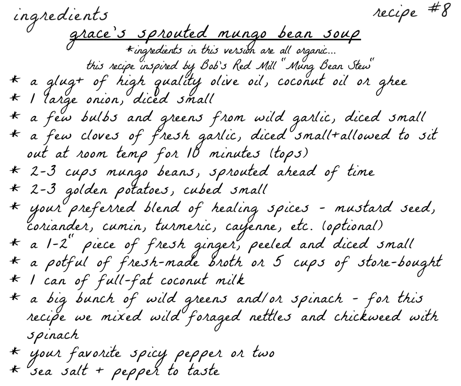 A handwritten recipe for grace 's sprouted mango bean soup.