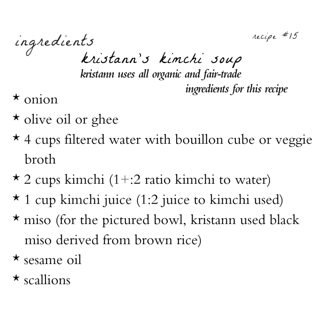 A recipe card for kristan 's kimchi soup.