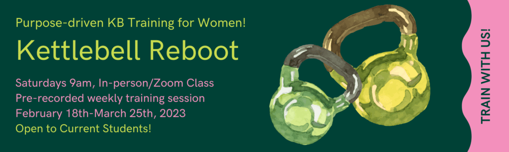 A green banner with a kettlebell and a person holding it.