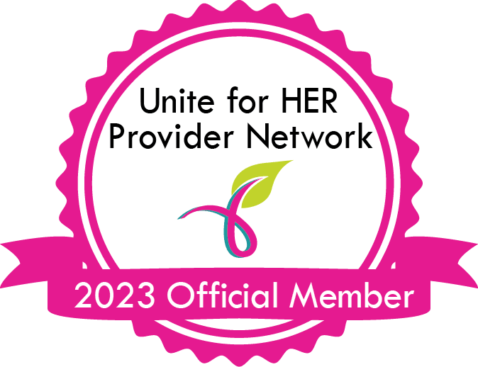 A pink badge with the words " unite for her provider network 2 0 1 3 official member ".